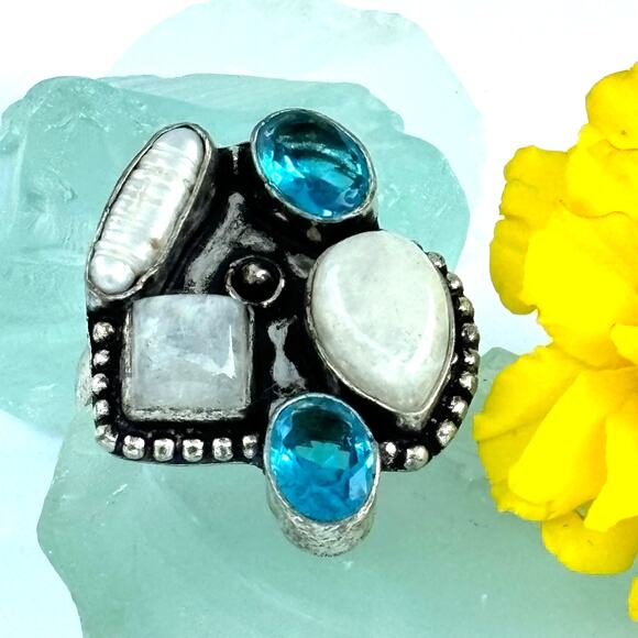 925 Sterling  Rainbow Moonstone, Blue Topaz & Biwa Pearl  Size 8.5 - Picture 3 of 7